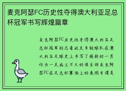 麦克阿瑟FC历史性夺得澳大利亚足总杯冠军书写辉煌篇章